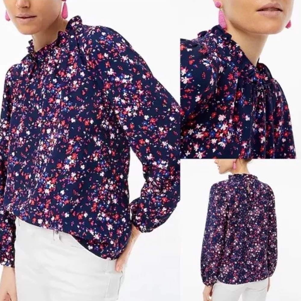 J Crew 3X Floral Blouse with Ruffle Neck